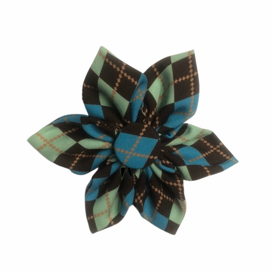 Collar de perro con flores - Cuadros de rombos verde azulado